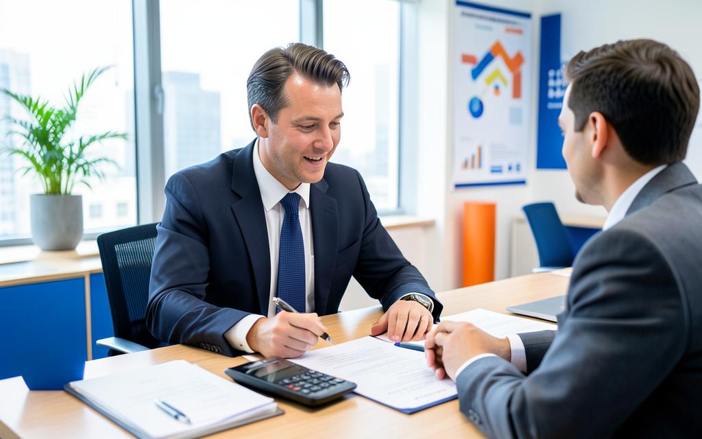 Consultor revisando contrato de refinanciamento com cliente